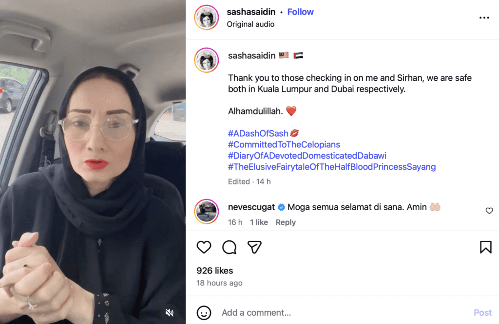 Sasha Saidin Kongsi Keadaan Terkini Di UAE, Keluarga & Rakan Dilapor Selamat